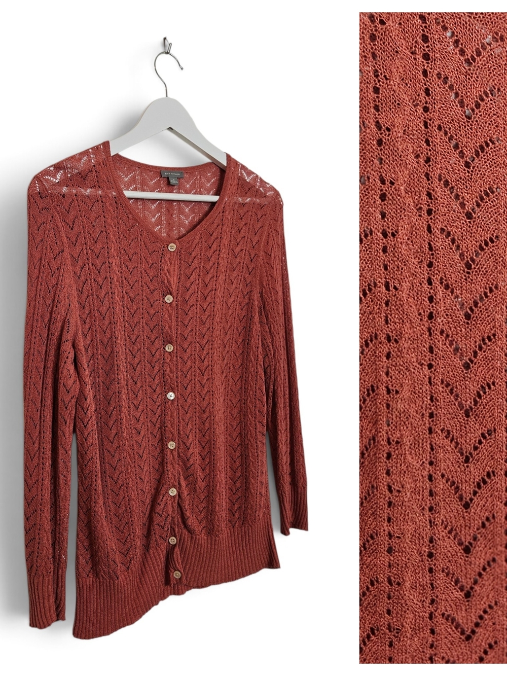 Ann Taylor Cardigan Size M Chevron Pointelle Silk Blend Crochet Knit Rust Orange